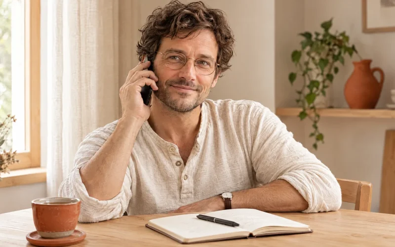 Ein Mann sitzt entspannt zu Hause am Tisch und telefoniert, vor ihm ein Notizbuch
