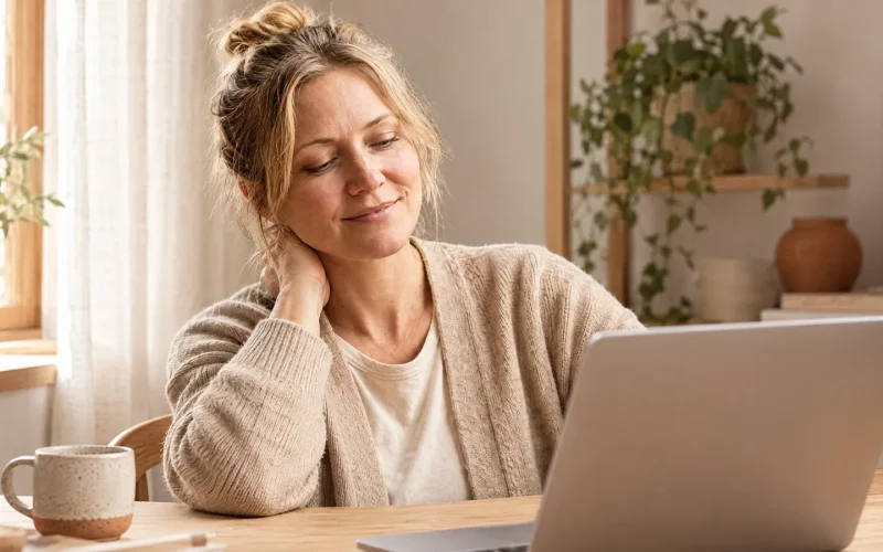 Eine Frau am Schreibtisch vor dem Laptop greift sich mit einer Hand in den Nacken